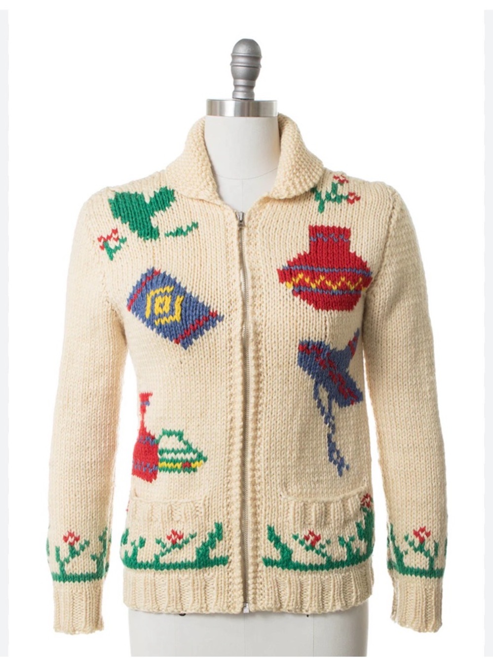 Hand knitted 1950’s vintage wool cowichan Mexican‎ cactus burrow metal zip cardi